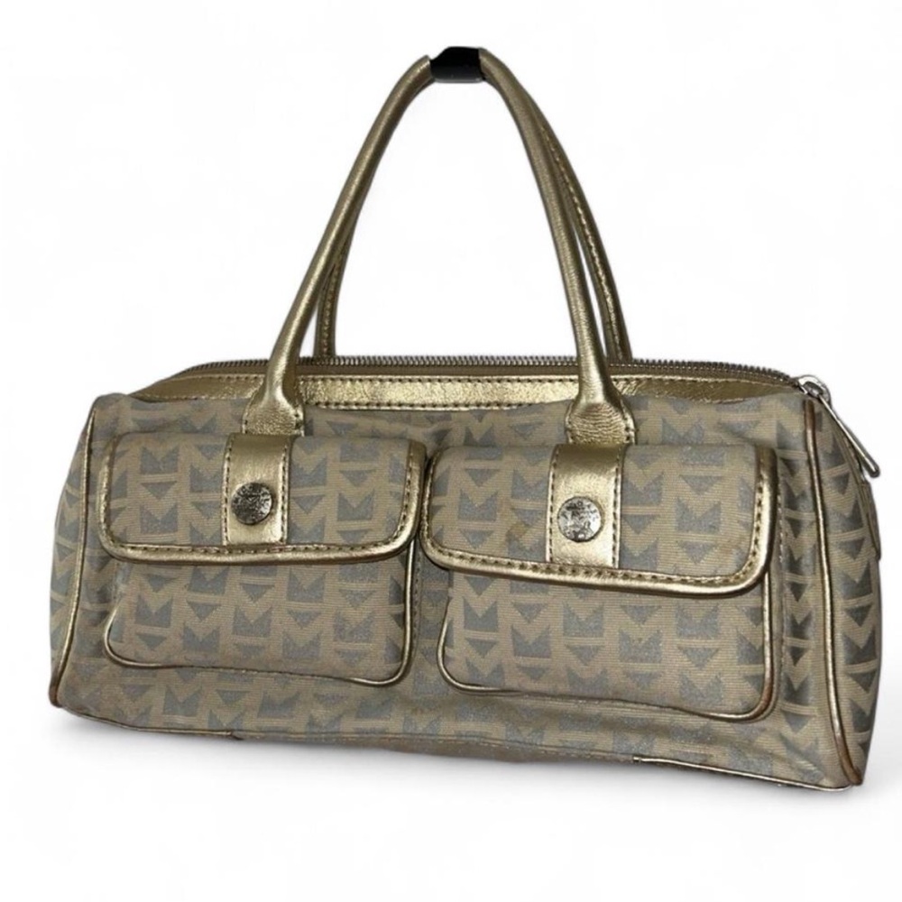 MICHAEL KORS Vintage Bag Satchel Jacquard Logo Handbag Pewter with Leather Trim